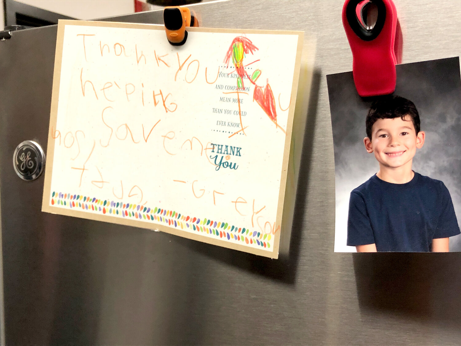 Greyson’s thank you note and photo are the only things on the fridge at the Home fire station.
